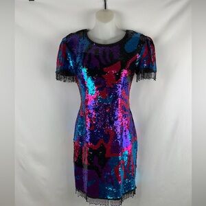 Sean Collection Sequin Beaded Mini Bodycon Fringe Pink Blue Purple Dress Size S